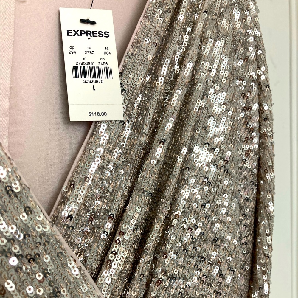 Express NWT size Large all over silver sequin short dress with long sleeves